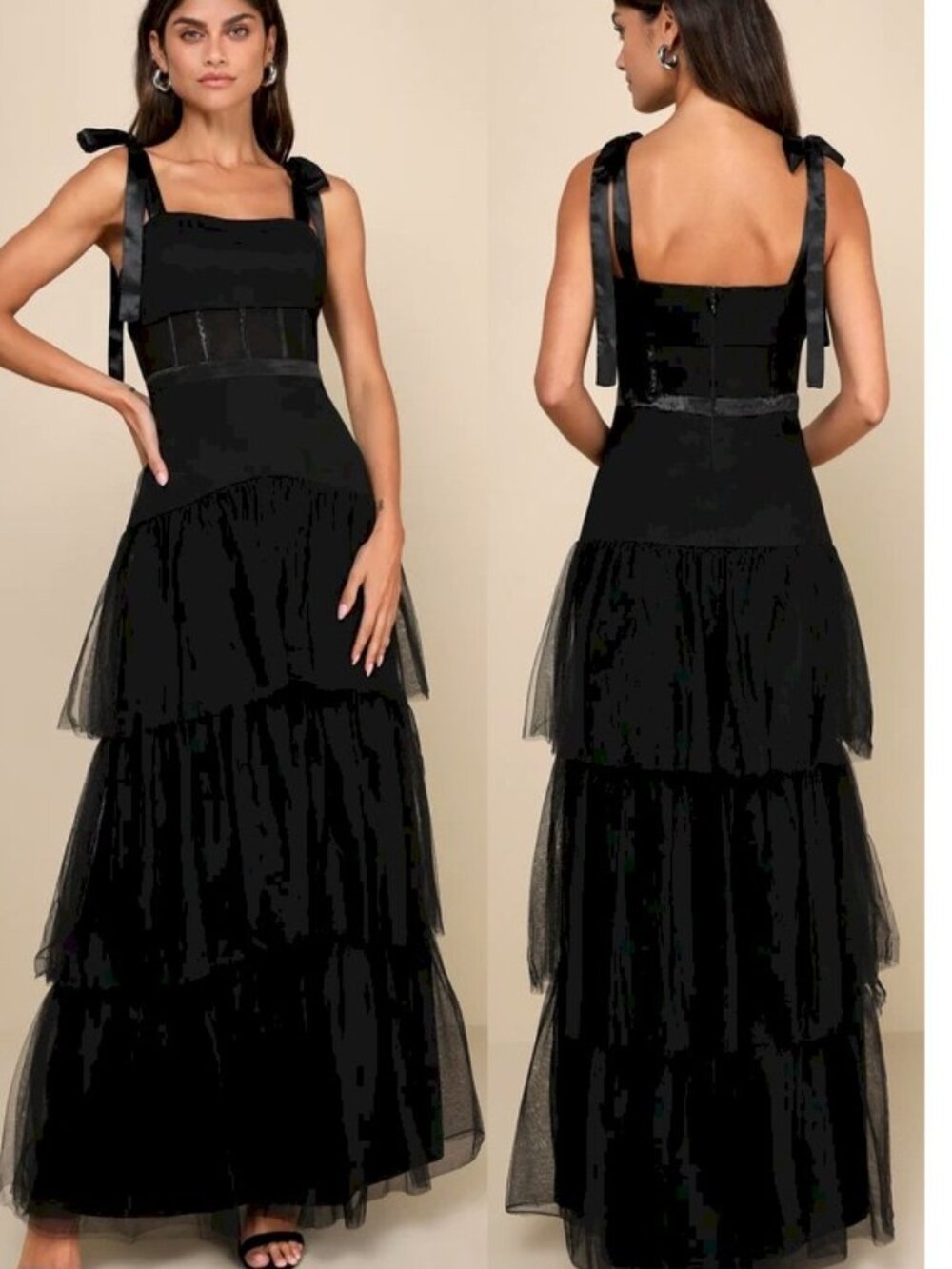 Lulus Enticing Mystique Black Tulle Tie-Strap Tiered Maxi Dress Size XS NWOT
